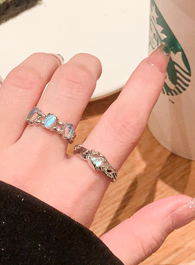 熔岩月光石开口戒指女复古欧泊风