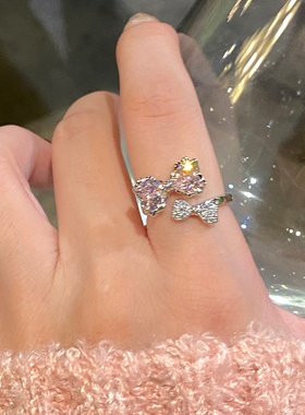 粉钻蝴蝶结双层戒指女甜美精致