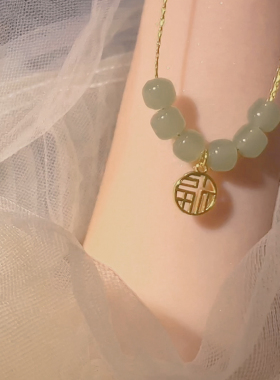 和田玉串珠项链女14k金锁骨链
