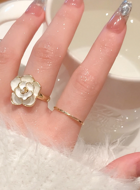 白色山茶花开口戒指女温柔精致