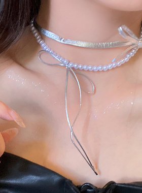 甜酷流苏珍珠蝴蝶结长款双层项链