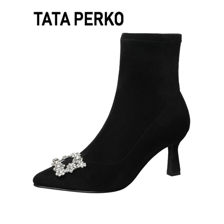 TATA PERKO联名水钻绒面过膝长靴女高跟尖头弹力瘦瘦靴袜靴女短靴