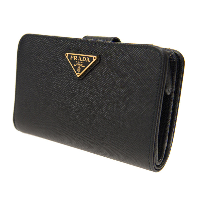 prada中性黑色长款牛皮logo饰钱包 联采海外女士包袋