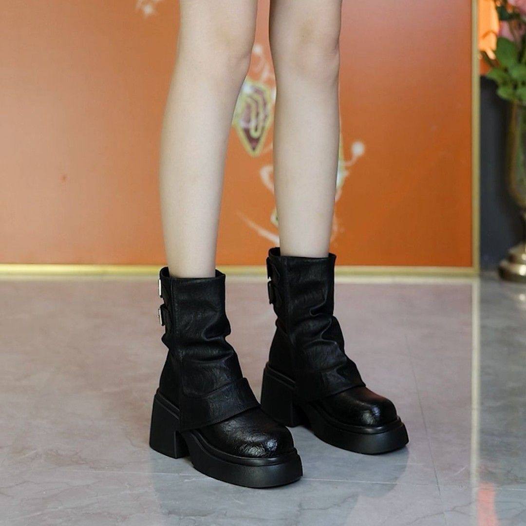 2026秋冬季新款时尚松糕厚底马丁靴百搭显瘦皮带扣堆堆裤管靴女靴,淘宝优惠券,粉丝福利购,淘宝优惠卷