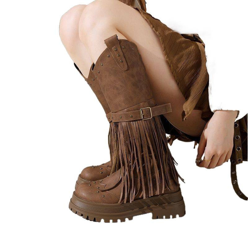 2026秋冬复古粗跟长筒靴V口流苏西部靴不过膝高跟街拍潮流卡其色,淘宝优惠券,粉丝福利购,淘宝优惠卷