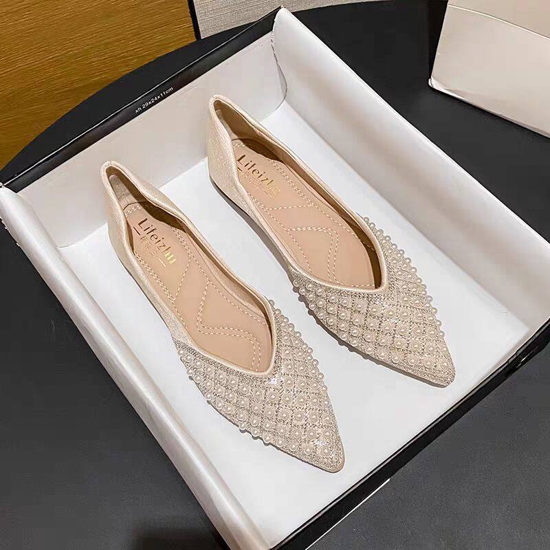 2026法式尖头单鞋女平底晚风温柔水钻珍珠瓢鞋软底女鞋气质豆豆鞋,淘宝优惠券,粉丝福利购,淘宝优惠卷