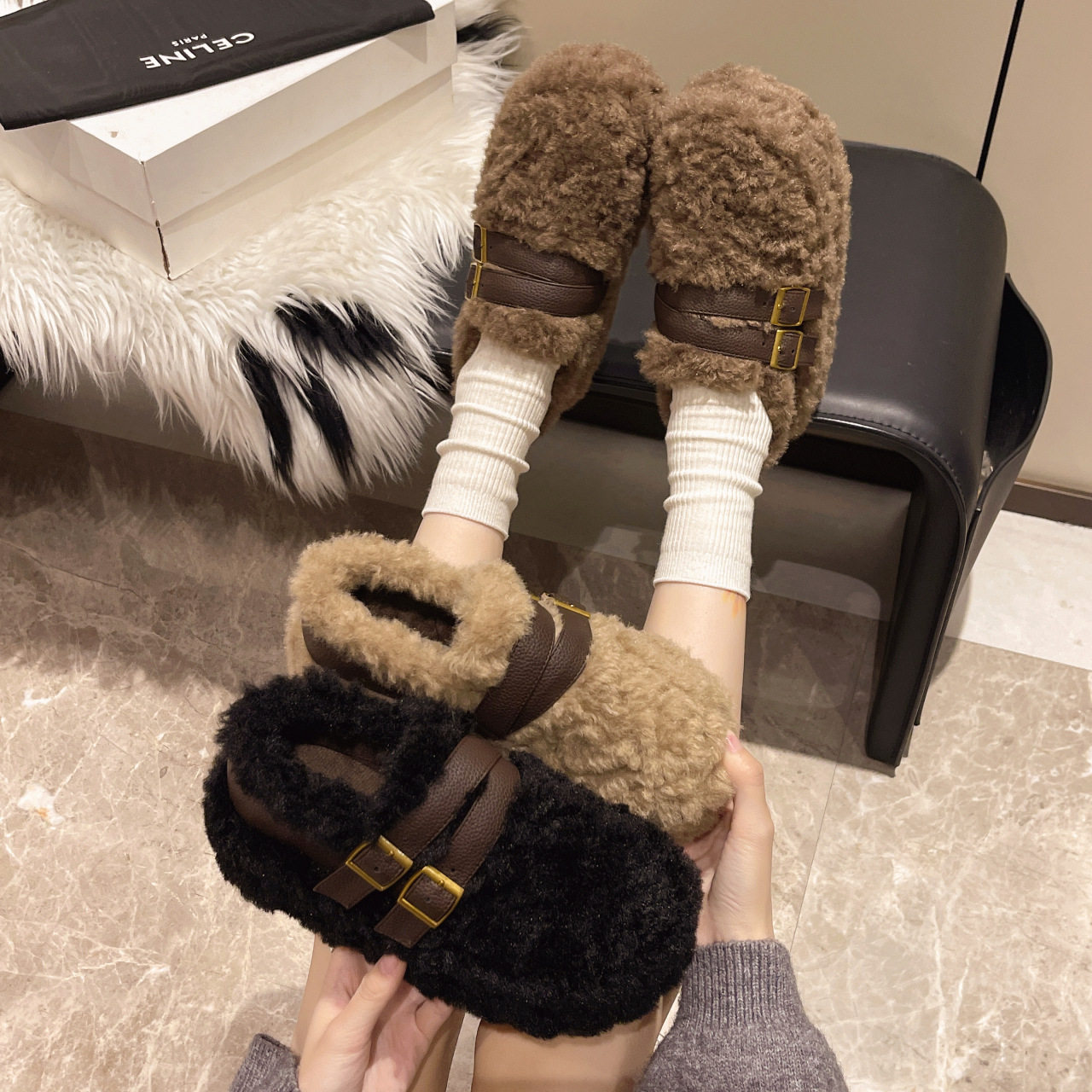 2026厚底增高毛毛鞋女外穿冬季新款时尚百搭一脚蹬豆豆鞋加绒棉鞋,淘宝优惠券,粉丝福利购,淘宝优惠卷