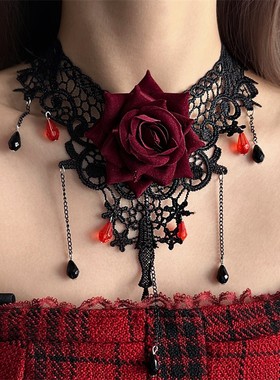 暗黑哥特风蕾丝玫瑰花朵choker颈带脖子配饰项链女颈链饰品高级感
