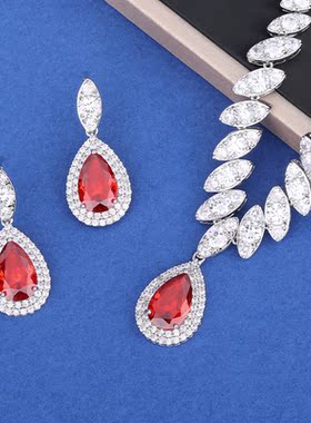 红宝石项链耳环套装新娘婚纱配饰晚宴首饰主持人搭配晚礼服的项链