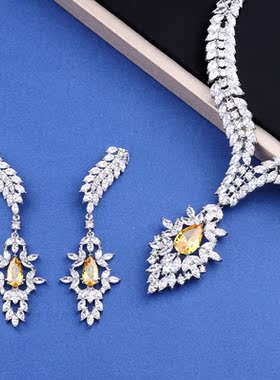 新娘耳坠项链配婚纱装饰婚礼仿真首饰白纱主纱结婚配饰黄锆石爆闪