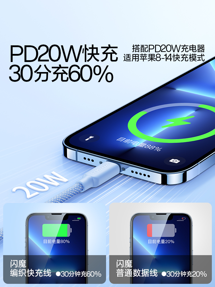 闪魔适用iphone14数据线苹果13Pro充电线器pd20w快充线12平板iPad闪充11加长2米typec转lighting手机x快速max - 图0