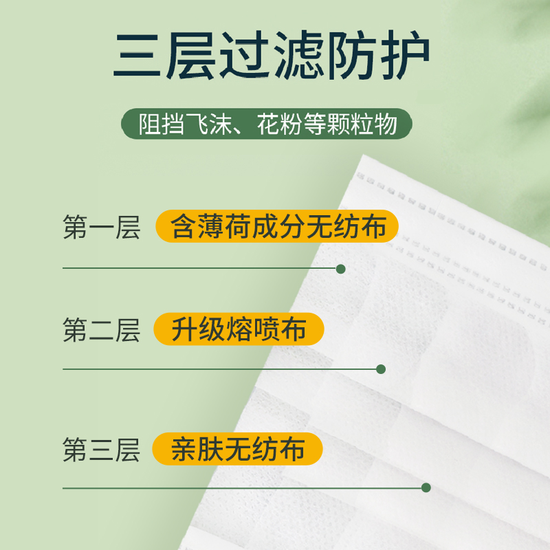 海氏海诺薄荷清凉口罩白色薄款透气抑菌一次性三层防护独立包装50 - 图0