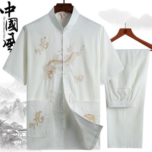 中老年男装夏装套装唐装男短袖中国风刺绣宽松爸爸大码晨练服汉服