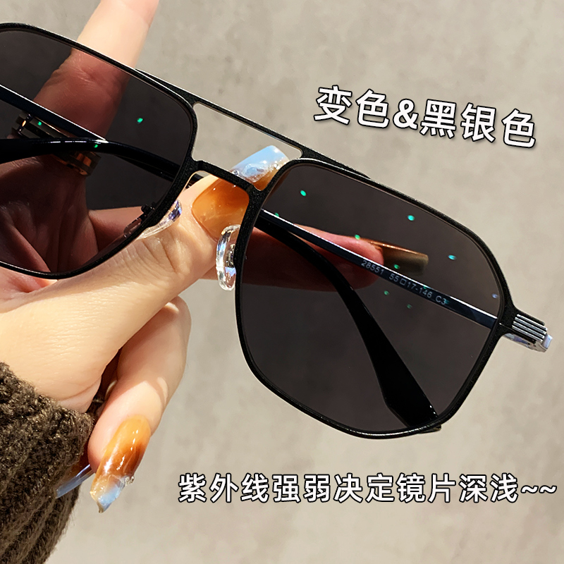 变色防蓝光眼镜男近视大框双梁多边形铝镁镜框大脸痞帅平光无度数