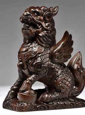 黑檀实木麒麟一对摆件木质麒麟雕刻家居客厅装饰品摆设开业送礼品