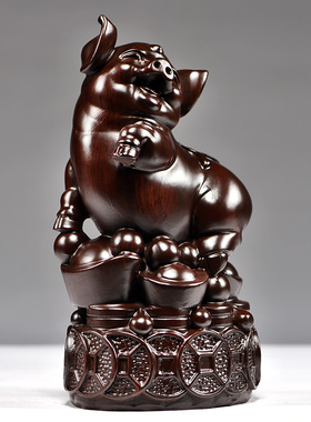 黑檀实木质猪木雕刻一对猪摆件十二生肖动物猪家居装饰送礼工艺品