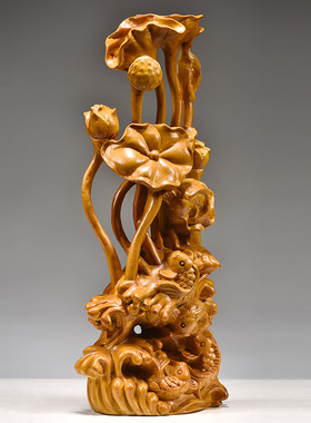 香樟木雕年年有鱼根雕红木摆件