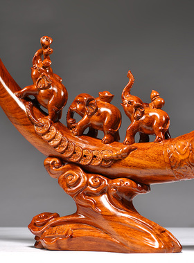 花梨实木三只小象牙木质雕刻大象摆件吉祥三宝中式摆设开业送礼品