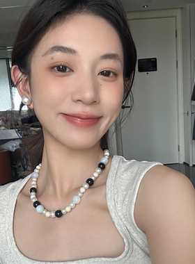 春夏浪漫清新天蓝色天河石头串珠黑玛瑙施家珍珠串珠锁骨链精致