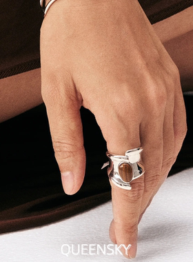 男女同款欧美大牌走秀款弧形错位白金天然木纹石戒指高级轻奢小众