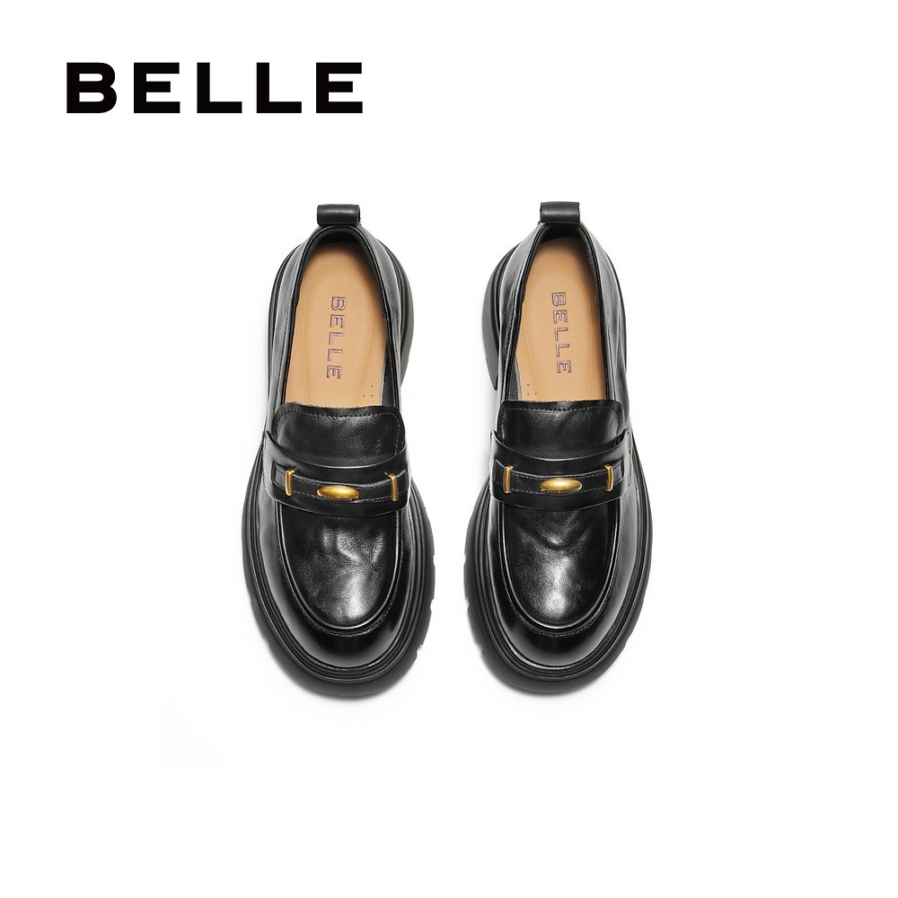 Belle gilt Lok Fu retro thick-soled jk shoes women's 25 new black small leather shoes deep mouth single shoes E1Y1D