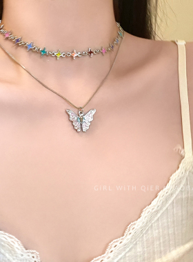 彩色星芒蝴蝶吊坠项链