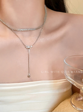 双层蝴蝶结锆石流苏项链