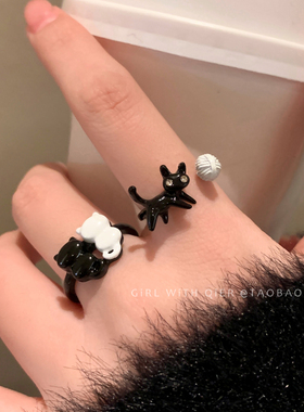 童趣可爱黑色猫猫开口戒指女