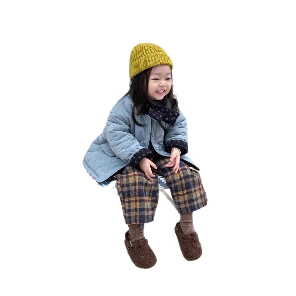 两面穿~韩系童装男女童复古碎花两面配围巾绗缝夹棉蓝色棉服外套 - 图3