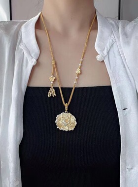 描金牡丹花蝴蝶葫芦手工编绳长款项链女吊坠配饰女士饰品毛衣链款