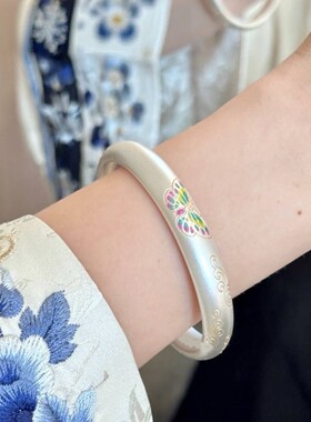江南「彩蝶」新款描金珐琅彩蝴蝶祥云闭口手镯女生镀纯银手饰手环