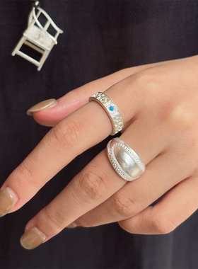 SERENESS所若 锦纹绿松石戒指 925纯银手工拉丝新中式手工指环