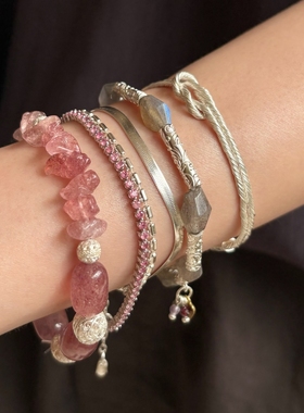 自留推荐 ENSAGE/APT702 天然石拼银珠手链串珠手串扭曲绳结手镯