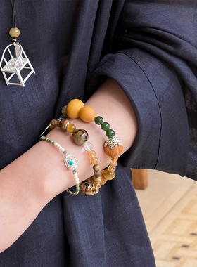 SERENESS所若 松涧鼓凳绿松石东陵玉舞扇珍珠手链 纯银新中式手工