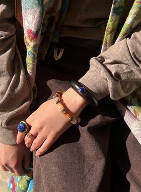 KHEMIA Chevron弦影手镯 原创设计高级黑檀木青金石开口手环