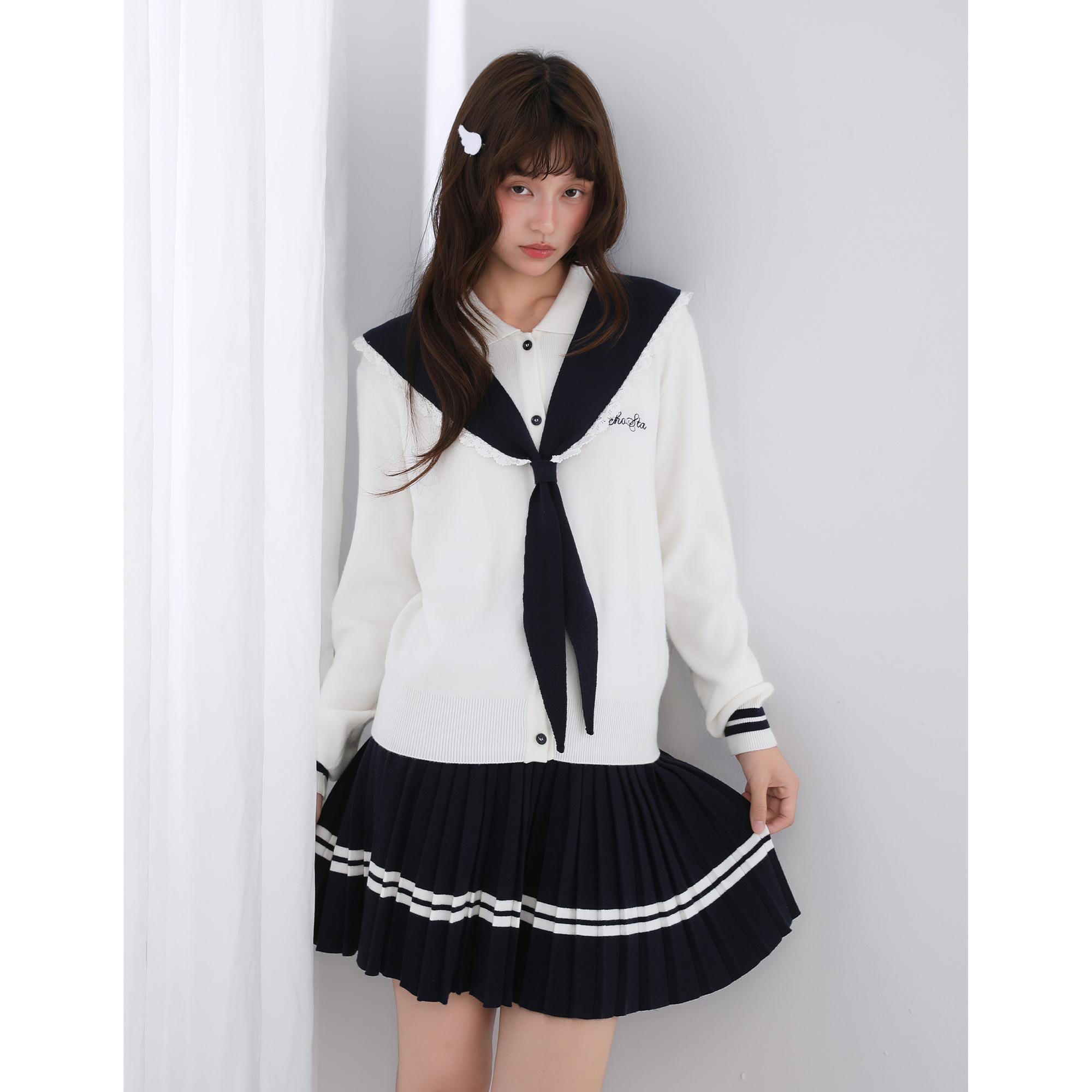 ECHOSTA海军领针织衫套装裙JK校供少女秋新品原创学院可拆卸领子 - 图2