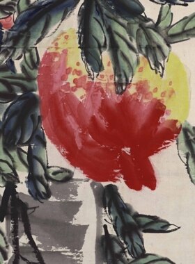 齐白石《花实各三千》水墨寿桃