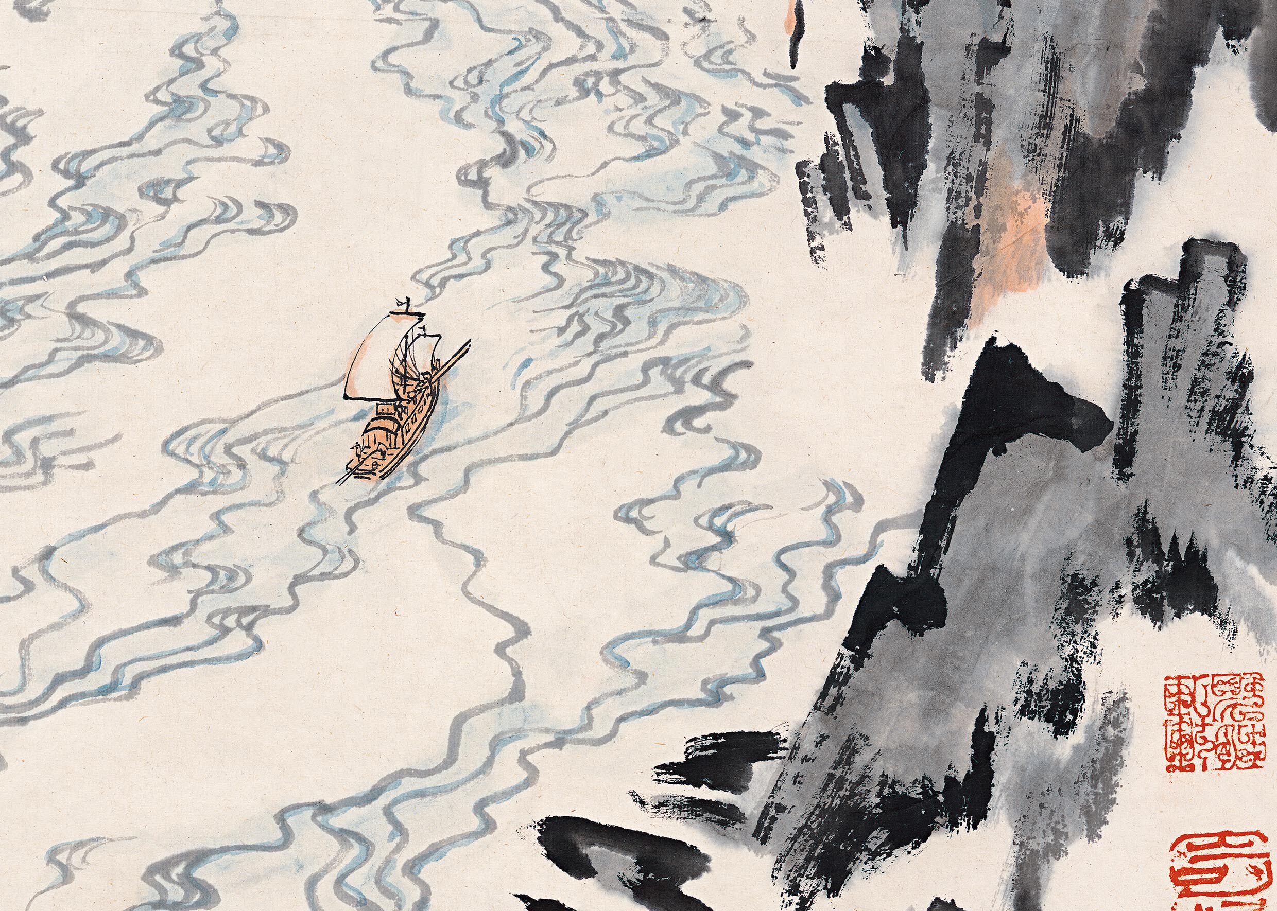 近现代 陆俨少 轻舟千里图 水墨山水国画装饰画挂画高清微喷复制