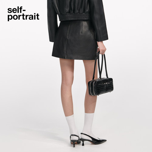 self-portrait 2025秋冬新款经典黑高腰百搭A字羊皮半身裙短裙 - 图0