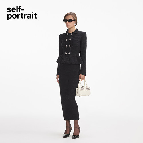 self-portrait 秋冬新款经典黑通勤气质假两件针织连衣裙 - 图0