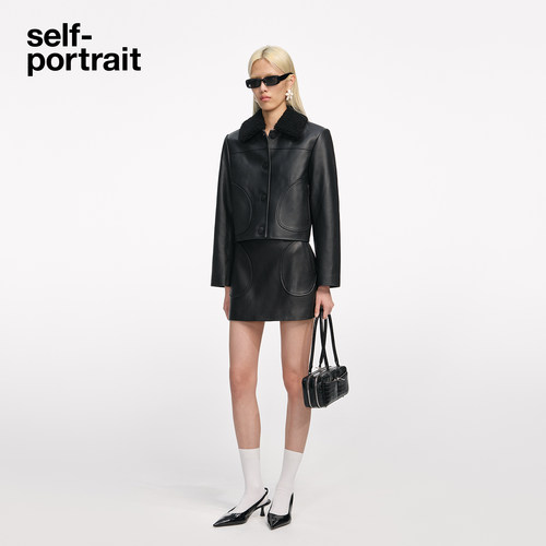 self-portrait 2025秋冬新款经典黑高腰百搭A字羊皮半身裙短裙 - 图1