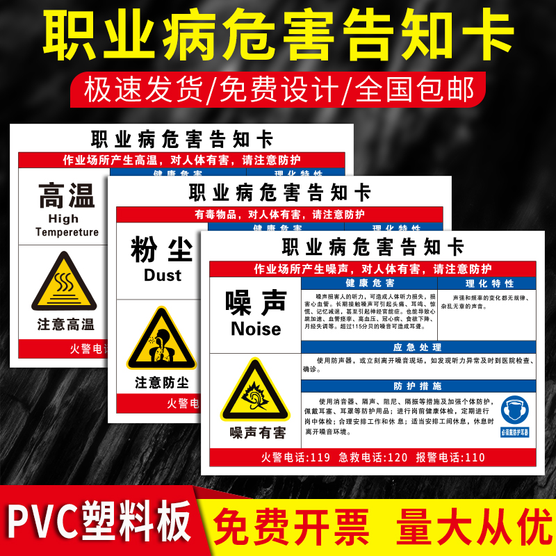 粉尘职业病危害告知牌卡卫生安全周知危险废物化学品工厂车间噪声噪音有害油漆硫酸盐酸标识提示警示标志定制 - 图0