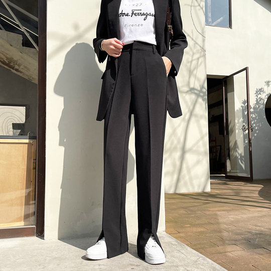 New spring and autumn high-waisted floor-length suit pants with slits