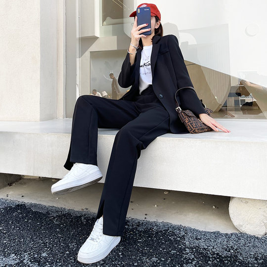 New spring and autumn high-waisted floor-length suit pants with slits