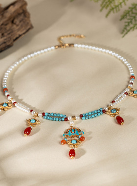 簪娘古风汉服配饰项链耳环套装复古宫廷烧蓝吊坠明制唐风双层璎珞