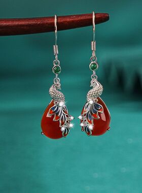 国风珐琅红玛瑙耳坠女款新中式凤凰于飞耳环小众感红色耳饰潮