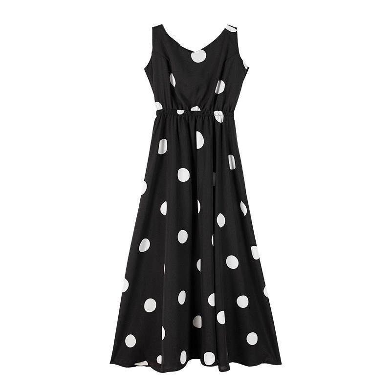 姐妹KPW中长夏款露背点吊带连衣裙女季新款闲森系波休收腰大摆裙