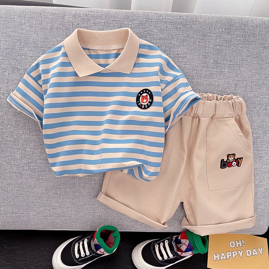 
Summer striped short-sleeved two-piece children's clothing baby boy summer boy suit set 2025 new children's clothing foreign
