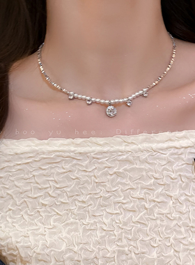 珍珠锆石吊坠项链小众精致锁骨链