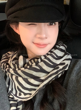 复古斑马纹轻奢高级感系脖丝巾
